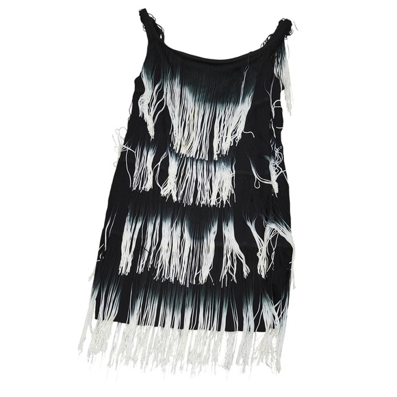 Boston Proper Womens Ombre Fringe Tiered Mini Dress Black White Sz 16 Boho Swing - Picture 7 of 10